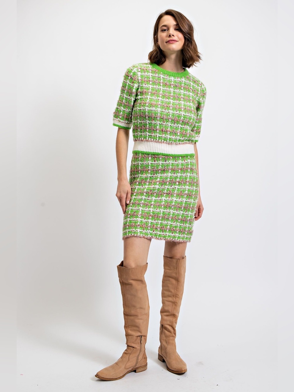 Easel Totally Buggin Tweed Sweater Top Lime Green Plaid 99s Clueless New Medium - Picture 7 of 14